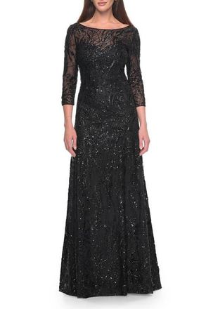 La Femme Beautiful Beaded Long Dress with Illusion Sleeves in Black at Nordstrom, Size 8