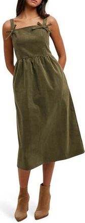 Wishlist Corduroy Bow Strap Overalls Midi Dress in Olive at Nordstrom Rack, Size Medium