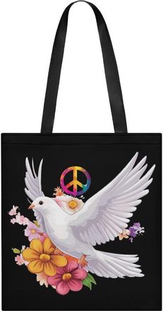 Generic Peace Sign Dove White Pigeon Flowers Tote Bag for Women Men Shoulder Bags Purses Pouch Handbags