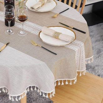OEM Mantel Redondo De 140 Cm Color Caqui Resistente A Las Manchas Con Borlas Bordadas Para Cumplea&ntilde;os Y Funda Mesa Comedor Lavable Lino Algod&oacute;n