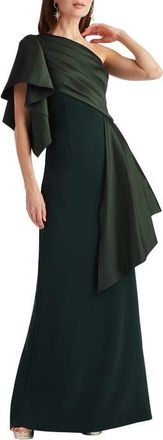 Tadashi Shoji Draped One-Shoulder Mixed Media Gown in Dark Forest at Nordstrom, Size Xx-Large