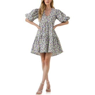 endless rose Floral Jacquard Puff Sleeve Dress in White/purple at Nordstrom Rack, Size X-Small