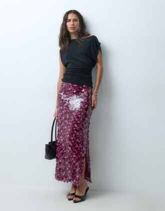 Asos gonna midi a strati con paillettes color bacca-Rosso