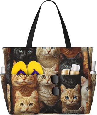 Generic Cute Cat Print Large Beach Bag Foldable Travel Shoulder Tote Bag With Pocket For Weekender Pool Vacation