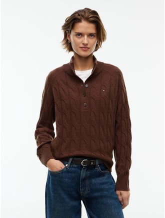 Tommy Hilfiger Womens Cable Knit Wool Mockneck Henley Sweater - Legacy Brown - XXS