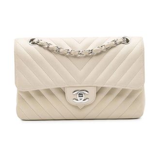 Chanel Pre-owned Small Classic Chevron Lambskin Double Flap Shoulder Bag - Dames - Pre-owned - Wit - Maat: ONE Size Leer