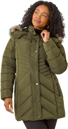 Roman Womens Petite Hooded Longline Quilted Coat - Khaki - Size 14 UK