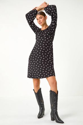 Roman Bow Print Lace Detail Stretch Dress