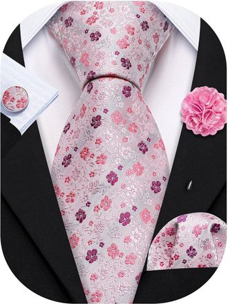 Barry.Wang Pink Mauve Tie with Flower Lapel Pin for Men Floral Silk Necktie Pocket Square Cufflinks Set Formal Wedding Party Business