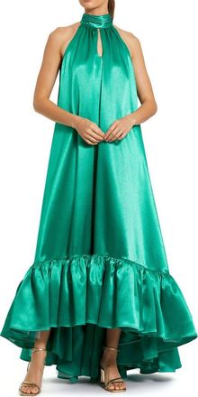 Mac Duggal Sleeveless Halter Neck Keyhole Satin High Low Gown in Jade at Nordstrom, Size X-Large