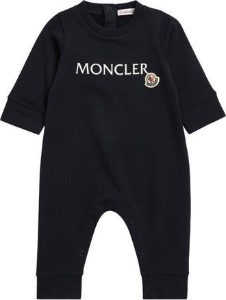 Moncler Logo Baby Grow Stretch Cotton Fleece Romper in Navy at Nordstrom, Size 3-6M