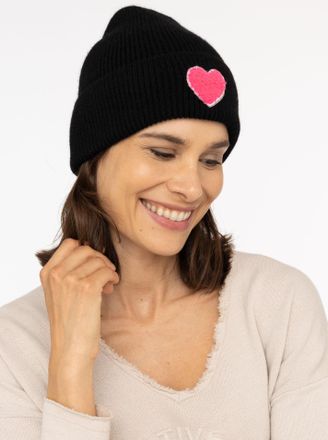 Zwillingsherz Beanie ZWILLINGSHERZ Heart Patch, Damen, schwarz, Grobstrick, Materialmix, unifarben mit Farbeinsatz, M&uuml;tzen Beanie, Grobstrick, Herzmotiv,Wollanteil,