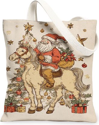 Generic Christmas Horse Canvas Tote Bags, Vintage Santa Claus Design Reusable Grocery Bags, Holiday Lightweight Washable Shoulder S, Beige, 13x15 Inch