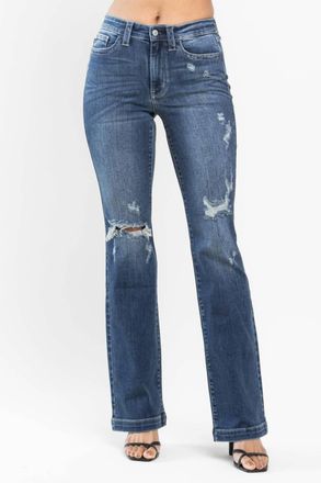 Judy Blue Mid Rise Sand & Destroy Bootcut Jeans In Blue