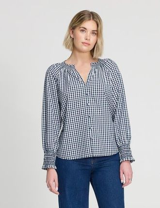 Finery Sandy Cotton Gingham Long Sleeve Blouse in Navy Gingham at Nordstrom, Size 14