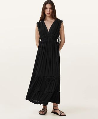 AllSaints Viscose Xanthe Lace-Trimmed Maxi Dress, Size: UK 10/US 6