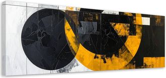 Feeby Cuadro Sobre Lienzo, Abstracci&oacute;n Textura C&iacute;rculos Formas Negro Amarillo, 120x40