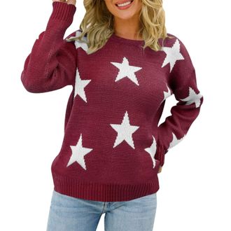 Generic Cocila Ladies Lightweight Knit Jumper Women Long Sleeve Sweater Casual Elegant Round Neck Star Pattern Plus Size Knit Sweater Top Summer Sweatshirts f