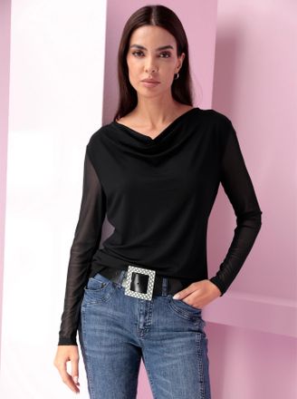 Heine Langarmshirt HEINE Shirt, Damen, Gr. 34, schwarz, 95% Viskose, 5% Elasthan, Netzware:4% Elasthan, 96% Polyester, unifarben, Wasserfallausschnitt, Shir