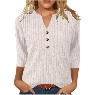 Generic Womens Sweaters 3/4 Length Sleeve Tops V Neck Button Jumpers Womens Top Knit Stripe Fall Ladies Sweatshirts Jumpers Solid Color Workout Plus Size Acti