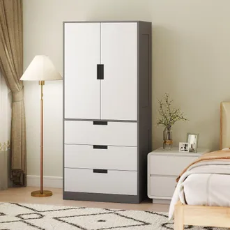 HOMCOM 2 Door Wardrobe Grey Wardrobe with 3 Drawer & Hanging Rod for Bedroom