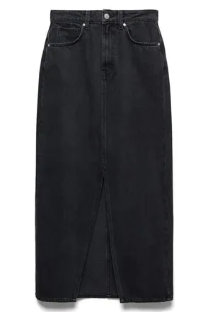 Mango Front Slit Denim Midi Skirt in Black Denim at Nordstrom, Size Medium