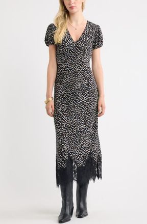 Treasure & Bond Lace Trim Bias Cut Midi Dress in Black- Blue Multi Dot at Nordstrom, Size Xx-Small