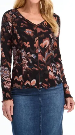 FDJ Lottie Long Sleeve V-Neck Top In Multicolor Floral Print