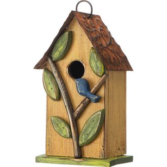 Glitzhome 10H Multicolor Cute Distressed Solid Wood Birdhouse with 3D Flowers in Yellow at Nordstrom, Size Medium
