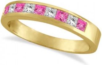 Allurez Princess Channel-Set Diamond & Pink Sapphire Ring Band 14k Yellow Gold