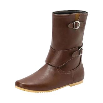 Generic Womens Retro Mid Calf Boots Round Toe Low Flat Heel Slip On Design With Decorative Buckle For Casual Wear