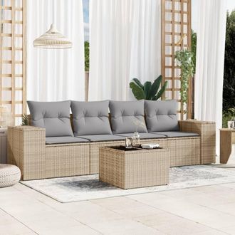 vidaXL Juego De Sof&aacute;s Jard&iacute;n Con Cojines 5 Pzas Rat&aacute;n Sint&eacute;tico Beige Vidaxl