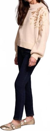 Tribal Sequin Floral Applique Mock Neck Sweater In Latte