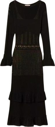 Twinset Jurk met ruches en doorschijnend puntmotief - Dames - Kleedjes - Zwart - M - Kleedjes