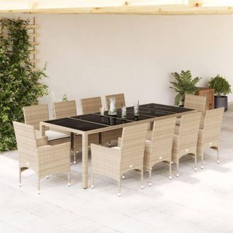 vidaXL Set Comedor Jard&iacute;n 11 Pzas Cojines Rat&aacute;n Sint&eacute;tico Vidrio Beige Vidaxl