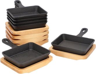 MegaChef 6Pc Mini Cast Iron Square Pan With Wood Tray
