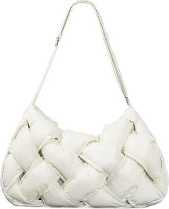 Generic Large Capacity Down Cotton Nylon Shoulder Bag With Crossbody Design Black Woven Handbag Versatile Pleated(White)
