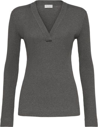 Brunello Cucinelli Monili-chain fine-ribbed jumper - women - Cotton - 3XL - Grey