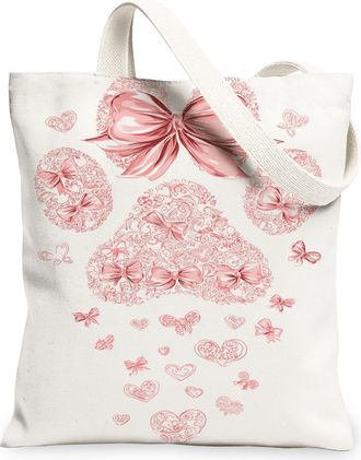 Generic Bows Canvas Tote Bags, Decorative Bow Pattern Reusable Grocery Bags, Vintage Chic Lightweight Washable Shoulder Strap for T, White, 13x15 Inch