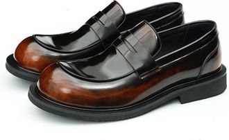 Generic Mens Patent Leather Platform Loafers Round Toe Formal Dress Shoes Low Block Heel Business Wedding Shoes,Brown,6.5 UK