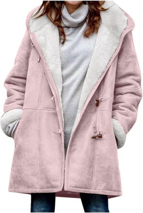 Generic Plus Size Winter Coat Women Duffle Coats for Women Uk Womens Coats Fitted with Hood Casual Fleece Long Sleeve Horn Buckle Pocket Overcoat Solid Colour