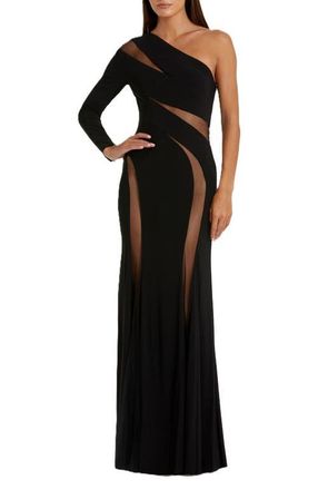 Mac Duggal Jersey One Shoulder Illusion Cut Out Gown in Black at Nordstrom, Size 12