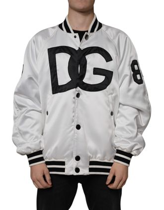Dolce & Gabbana Mens White Polyester Logo Full Zip Bomber Jacket Black And Clothing