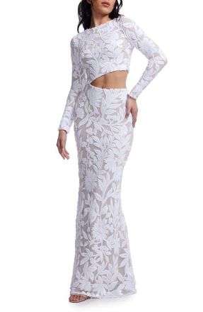 Dress The Population Candace Floral Sequin Cutout Long Sleeve Mermaid Gown in White-Beige at Nordstrom, Size Medium