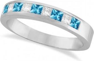 Allurez Princess Channel-Set Diamond & Blue Topaz Ring Band 14K White Gold