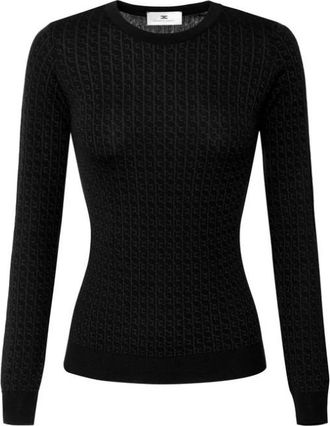 Elisabetta Franchi Truien & Vesten, Dames, Zwart, S, Wol, Wollen trui met jacquard micro-logo