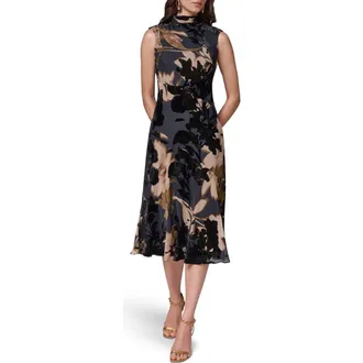DKNY Floral Velvet Burnout Midi Dress in Espresso Multi at Nordstrom, Size 10