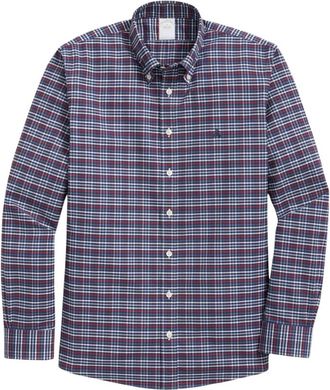 Brooks Brothers Regular Fit Non-Iron Plaid Stretch Oxford Shirt met Button-Down Kraag - Heren - Casual Overhemden - Blauw - L - Katoen - Overhemden