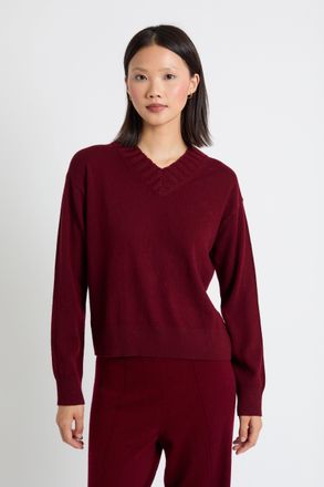 Chinti and Parker Claret Wool-Cashmere Ribbed V-neck Sweater
