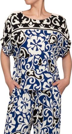 Melloday Floral Print Short Sleeve Top in Blue Black Multi at Nordstrom, Size X-Small